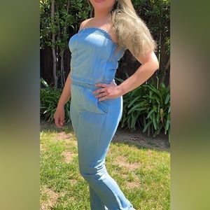 American Rag blue denim strapless jumpsuit size XS